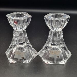 Vtg Pair of Mikasa Lead Crystal Hexagon Linear Pattern Candlesticks~Slovenia